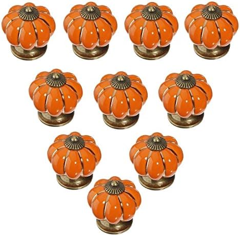 10pcs Antique Pumpkin Ceramic Door Knobs, Handles Pulls for Cabinets, Cupboard Dresser, Drawers, Kitchen Furniture or Kids Room (Orange)