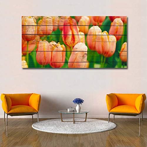 Libaoge Wall Print Art | Tulip Flower Sea Under Wooden Texture - Photograph Printed on Canvas for Home Wall Decoration | Stretched by Wooden Frame,Ready to Hang - 16X32 Inch