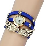 2014 Susenstore Vintage Leather Strap Angel Wings Rivet Bracelet Watches Wristwatch (Blue)