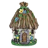Exhart Twigs Roof Fairy House Outdoor Decor - Fairy Cottage Resin Statue with Solar Garden Lights, Miniature Fairy Hut Solar Home Decor for a Magical Fairy Garden, 9