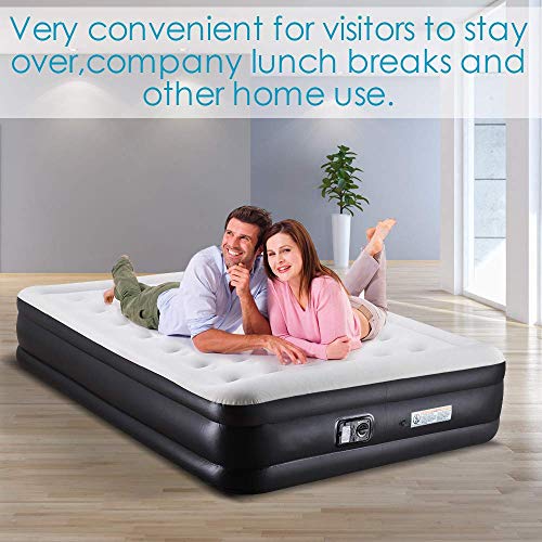 Lunvon Air Mattress Guest Durable Inflatable Airbed Blow Up Air Bed with Built-in Electric Air Pump, Storage Bad and Repair Patches Included, Height 18.5 inches, Queen Size, 2-Year Warranty
