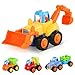 LIDODO Friction Powered Cars Push Go Car Construction Vehicles Toys Set of 4 Toddlers - Dump Truck, Cement Mixer, Bulldozer, Tractor Back Cartoon Play Kids car toys