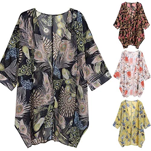 GOVOW Womens Casual Floral Print Long Sleeve Chiffon Cardigan Soft Loose Kimono Blouse Tops Red
