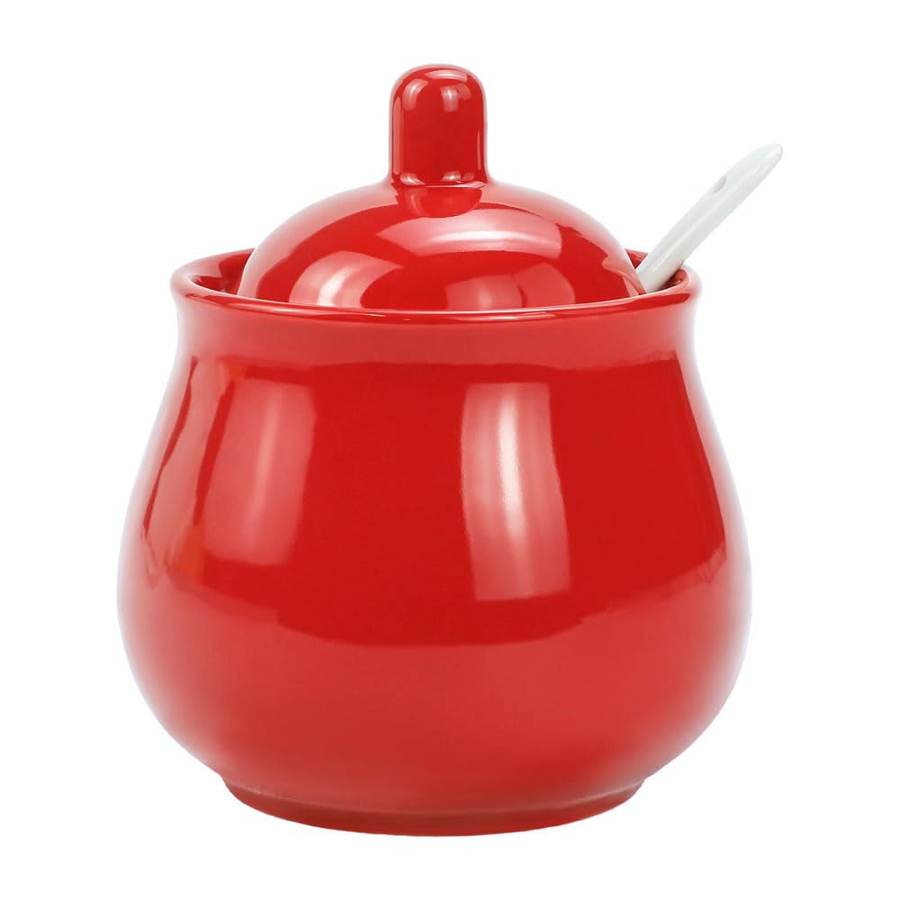 FUYU Ceramic Sugar Bowl Spice Jar with Lid and Spoon Seasoning Box Condiment Pot