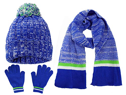 S.W.A.K Kids Girls Knit Pompom Beanie Hat Scarf and Gloves Set One Size Fits Most Multicolor Blue/Lime Green