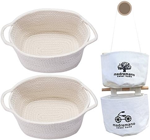100% Cotton Rope Collapsible Storage Baskets with Handles | Durable, Collapsible and Breathable Thread Woven Bin for Home Decorations (Two Baskets Packed with Two Storage Bags) (One color)