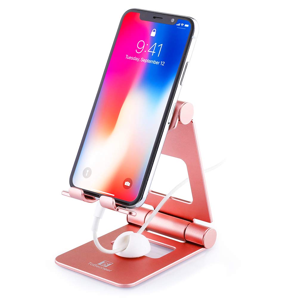 Adjustable Cell Phone Stand, ToBeoneer T8 Desk Phone Holder [Upgraded Solid] Phone Dock Thicker 3 in Wider 4.92 in Taller Aluminum Stand for Mobile Phone Tablet (Up to 10 inch), Rose Gold