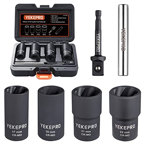 YEKEPRO 6 PCS Lug Nut Removal Tool, 1/2-inch Drive Impact Twist Socket Set & Bolt Extractor Set, Wheel Lock Removal Kit for Removing Damaged, Frozen, Rusted, Nuts & Screws, Cr-Mo Steel, T12206
