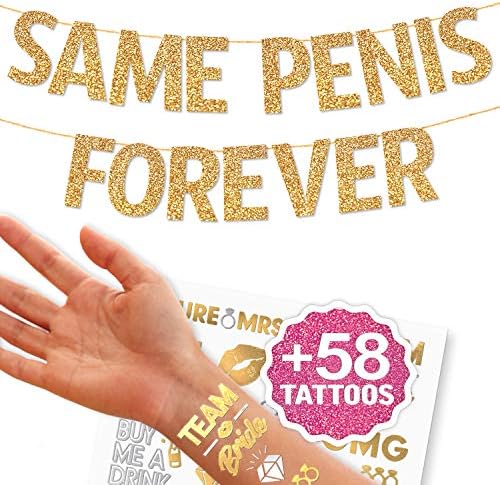 Gold Glitter Same Pen-is Forever Bachelorette Party Decorations Banner (Pre-Strung) with Bonus Tattoos (2-Sheets) - Hen Party Decorations Banner Sign for Bridal Shower