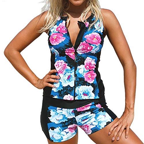 Sttech1 Women Floral Zip Front Tankini Swimsuit with Swim Shorts Sleeveless Rash Guard Surfing Swimwear Two Piece Set Blue - Thumbnail 6