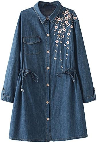 HOOBEE DENIM Women's Long Sleeve Floral Embroidered Drawstring Denim Dress