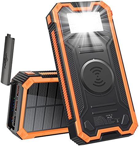 MINRISE Wireless Portable Charger, QC3.0 20W Fast Charging Power Bank 30000mAh Solar Charger, Solar Power Bank with Strong Flashlight, External Battery Pack Compatible with iPhone, Samsung, iPad, etc.