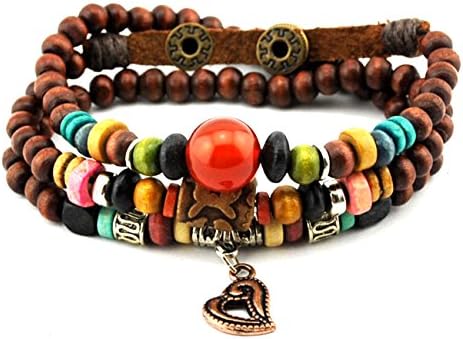 Konalla Colorful Wooden Beaded Wrap Bracelet Heart Shaped Pendant Multistrand Wristband, 24"