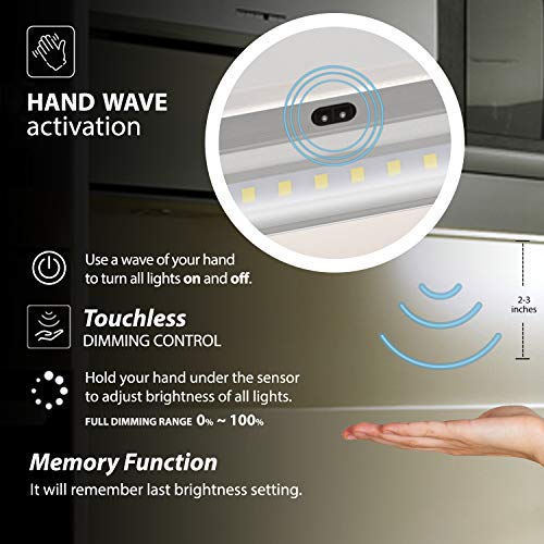 EShine Hand Wave Activated Under Cabinet LED Lighting Kit, Dimmable, 3-Pack 12 in - Touchless Dimming Control, White Under Counter Lights for Kitchen, Garage, Office, Desk - Cool White (6000K)