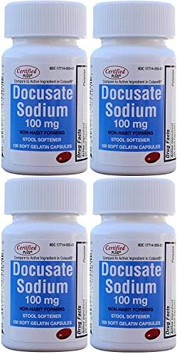 Docusate Sodium 100 mg Softgels for Gentle, Reliable Relief from Occasional Constipation Generic for Colace 100 Softgels per Bottle Pack of 4 Bottles Total 400 Softgels