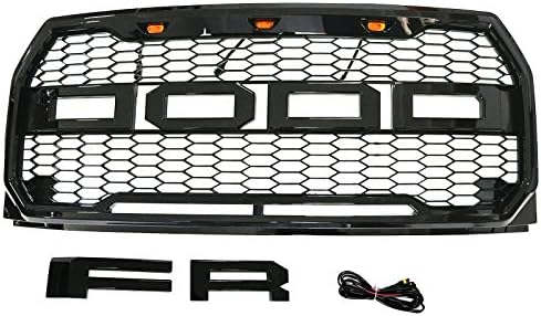 Front Grille Fits 2015-2017 FORD F150 Raptor Style Grill Kits With Amber LED Light and Conversion Letter (Gloss Black)
