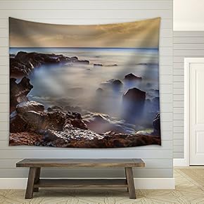 Beautiful Ocean Seascape with a Golden Sky and Red and Blue Colorful Sea Rocks - Fabric Wall Tapestry Home Decor - 51x60 inches