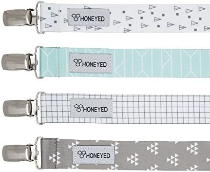 Pacifier Clip by Honeyed - 4 Unique Baby Pacifier Teething Toy Holder with Grey and Mint