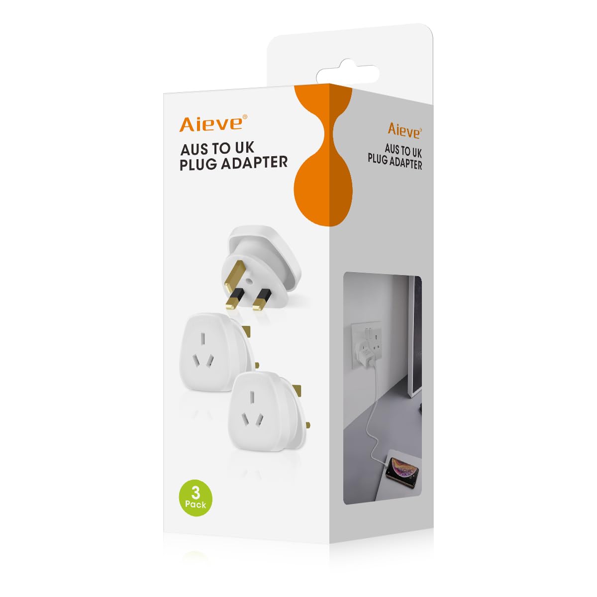 Aieve Australia to UK Plug Adapter, AUS NZ to UK Power Plug Adaptor, British Converter Travel Adapter for Australian/Argentina/Fiji (3-Pack)