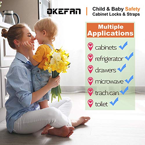 Kitchen Cabinet Locks Child Safety - OKEFAN 20 Pcs Baby Proof Kit Drawer Straps for Kids Bathroom Cupboard Oven Refrigerator Microwave Toilet Latches (White) - Thumbnail 4