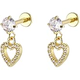 Niaspi Heart Dangle Cartilage Earrings Stainless Steel Crystal Labret Monroe Lip Rings Studs with Rhinestone Hearts Helix Tragus Flat Back Earring Piercing Jewelry for Women