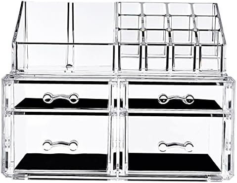 Acrylic Makeup Organizer Jewelry &amp; Cosmetic Storage Box, 4 Drawers and 1 Makeup Display Holder, 2 Pieces Stackable, Detachable, Clear, Medium