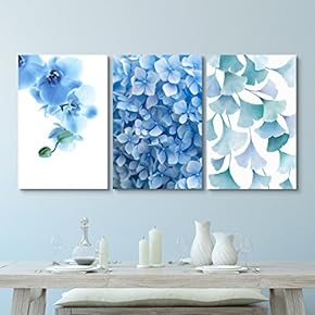 3 Panel Canvas Wall Art - Blue Flowers and Leaves - Giclee Print Gallery Wrap Modern Home Art Ready to Hang - 16"x24" x 3 Panels