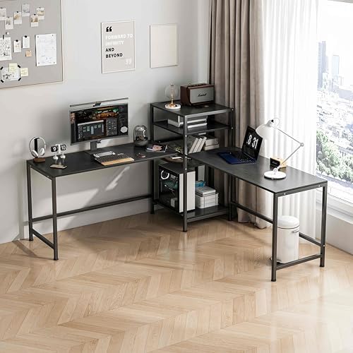 JOYSEUS Extra Long Computer Desk for Two People, with Bookshelf, L ...