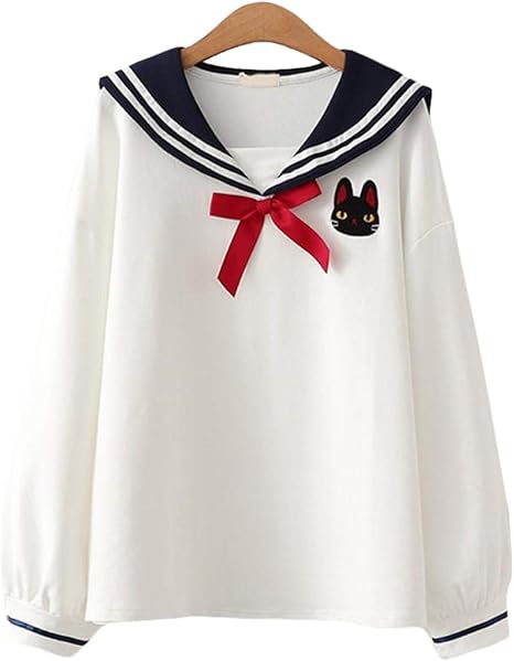 Amazon Shuming レディース パーカー トレーナー 裏起毛 ゆったり Tシャツ セーラー襟 トップス 長袖 プルオーバー 学院風 可愛い キャンディ少女 森ガール 乙女 Free白 トレーナー パーカー 通販