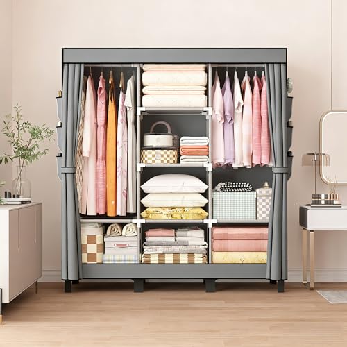 lishbie Portable Wardrobe Bedroom Wardrobe Clothes Storage Box Simple Hanging Grey
