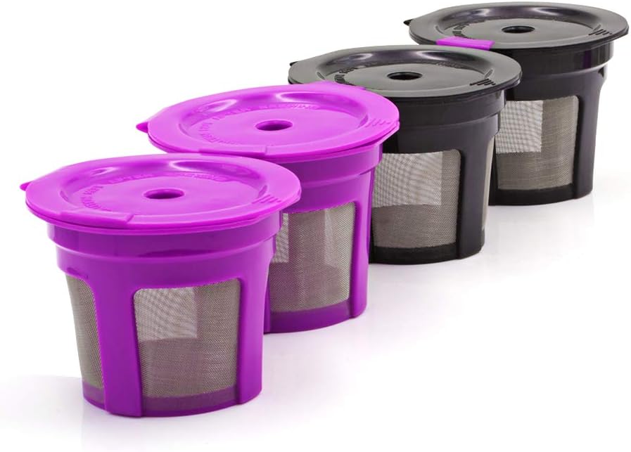 4 K-Cup Reusable Coffee Filters for Keurig 1.0 and 2.0 Brewers, K200, K250, K300, K350, K400, K425, K450, K460, K475, K500, K525C, K550 and K560, Refillable Coffee Pods Black and Purple