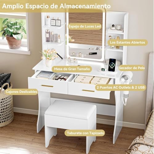 Dopwii Tocador Vanity con Espejo LED, Tocador de Maquillaje Vintage Blanco con Enchufe Incorporado y Tira de Luces RGB, Escritorio con 2 Cajones