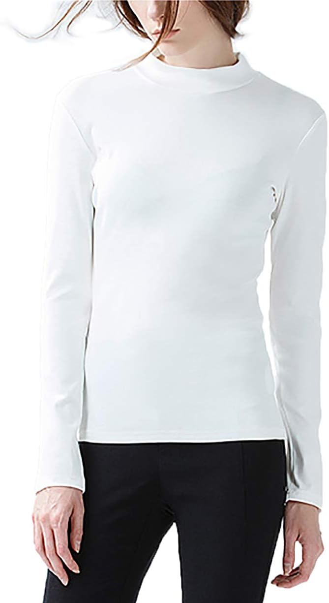 LOVFEE Women Basic Cotton Slim Fit Long Sleeve Mock Half Turtleneck T Shirt Tops