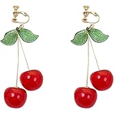 Cute Cherry Clip On Fruit Dangle Earrings for Women Hypoallergenic Funny Sweet 3D Red Cherry Green Leaf Ear Clips Dangling Drop Acrylic Lightweight Lovely Creative No Piercing Ears Jewelry Daughter