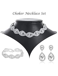 Gargantilla para mujer   Juegos de joyas para mujeres, collar de cristal de estrás, pulsera de eslabones, pendientes colgantes para mujer, fiesta, día de la madre, graduación, boda, regalo de moda