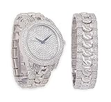 Iced Out Watch with Diamond Face & Matching Bling Bling-ed Out Bracelet Gift Set (Silver)
