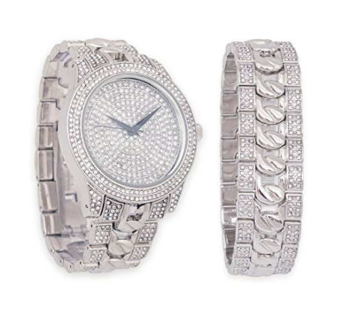 Iced Out Watch with Diamond Face & Matching Bling Bling-ed Out Bracelet Gift Set (Silver)