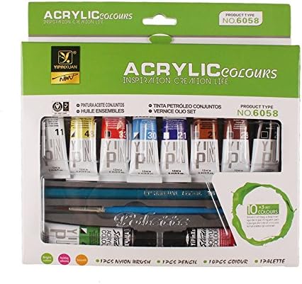 Artist Quality Acrylic Paint Set Bundle, Including 10 Tubes Of 12ml Professional Colours, Artist Paint Nylon Brush, Plastic Palette, 2B Pencil. Perfect For Kids, Beginners and Advanced Painters