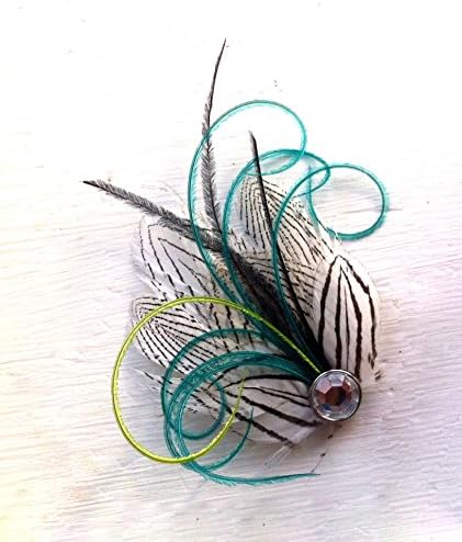 Oh Lucy Handmade MILA Striped Mini Feather Hair Clip with Crystal, Feather Fascinator in Black, White, Turquoise and Lime Green