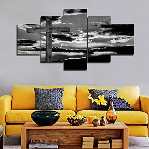 Large Paintings for Living Room Silhouettes of the Cross Pictures Easter Gift 5 Panel Canvas Wall Art,Modern Artwork Home Decor Posters and Prints Framed Gallery-wrapped Ready to Hang(60''Wx32''H)