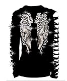 Long Angel Wings Bling Bling Rhinestones T-Shirt Ripped Cut Out Long (3X-Large)