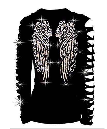 Long Angel Wings Bling Bling Rhinestones T-Shirt Ripped Cut Out Long (3X-Large)