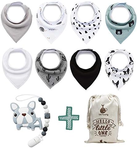 Baby Bandana Drool Bibs by MiiYoung + BPA Free Silicone Teethers with Pacifier Clip + Reusable Gift Bag, Pack of 8 Premium Quality for Boys or Girls, Excellent Baby Shower Registry Gift