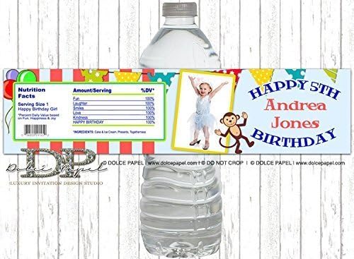 10 Custom Photo Circus Monkey Birthday Party Water Bottle Labels Peel-n-Stick