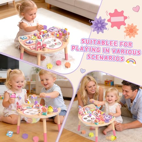 Fozcmisw Tavolo attività Montessori in Legno 10 in 1 Unicorno 1 Anno | Prendere, Ordinare, Girare e Ascoltare Aiuta la Motricità Fine Durante il Gioco Quotidiano