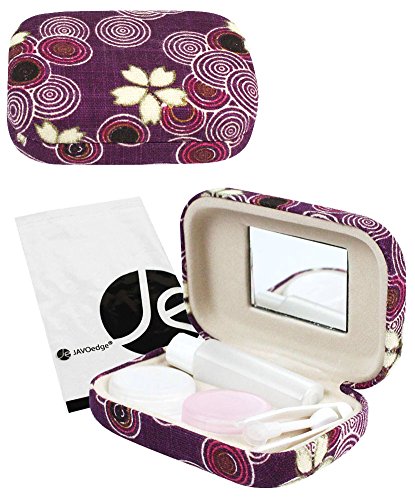 JAVOedge Purple Cherry Blossom Print Contact Lens Carrying Case Travel Kit with Mirror, Tweezers, and Solution Bottle