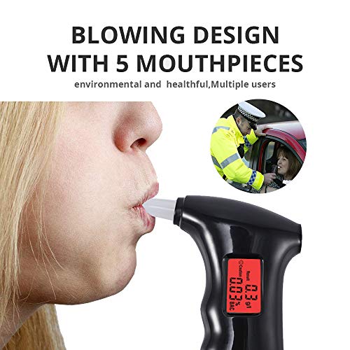 Alcohol Breathalyzer Tester, Professional Portable Semiconductor Digital Alcohol Tester Highly-Accurate Result Digital Blood Breath Tester with 5 Mouthpieces
