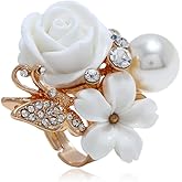 CZ Rose Flower Wedding Ring for Women Statement Engagement Round Rhinstone Crystal Aryclic Daisy Plumeria Adjustable Open Wrap Finger Rings Comfort Fit Cocktail Party Valentine Jewelry