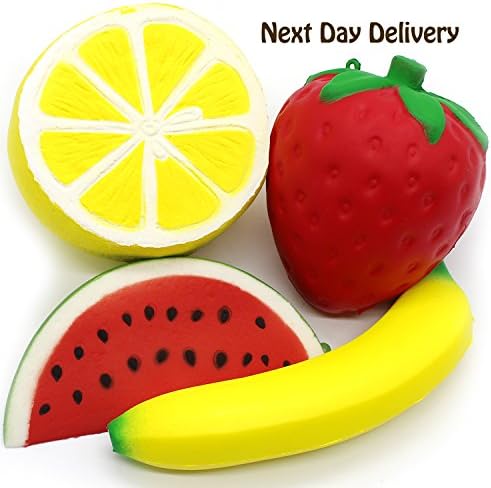 HiDreammy Slow Rising Jumbo Squishies, 4 Pack Super Soft Fruit Squidgies Package - Giant Kawaii Charms Sweat Scented Prime Squishy Toys, Cute Soft Squishys for Girls and Boys.