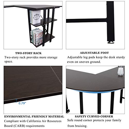 L Shaped Computer Desk - Bizzoelife Large Corner Desk Gamer Laptop Table 67" + 59” with CPU Stand Storage Shelf for Home Office Working Studying Gaming (Coffee)